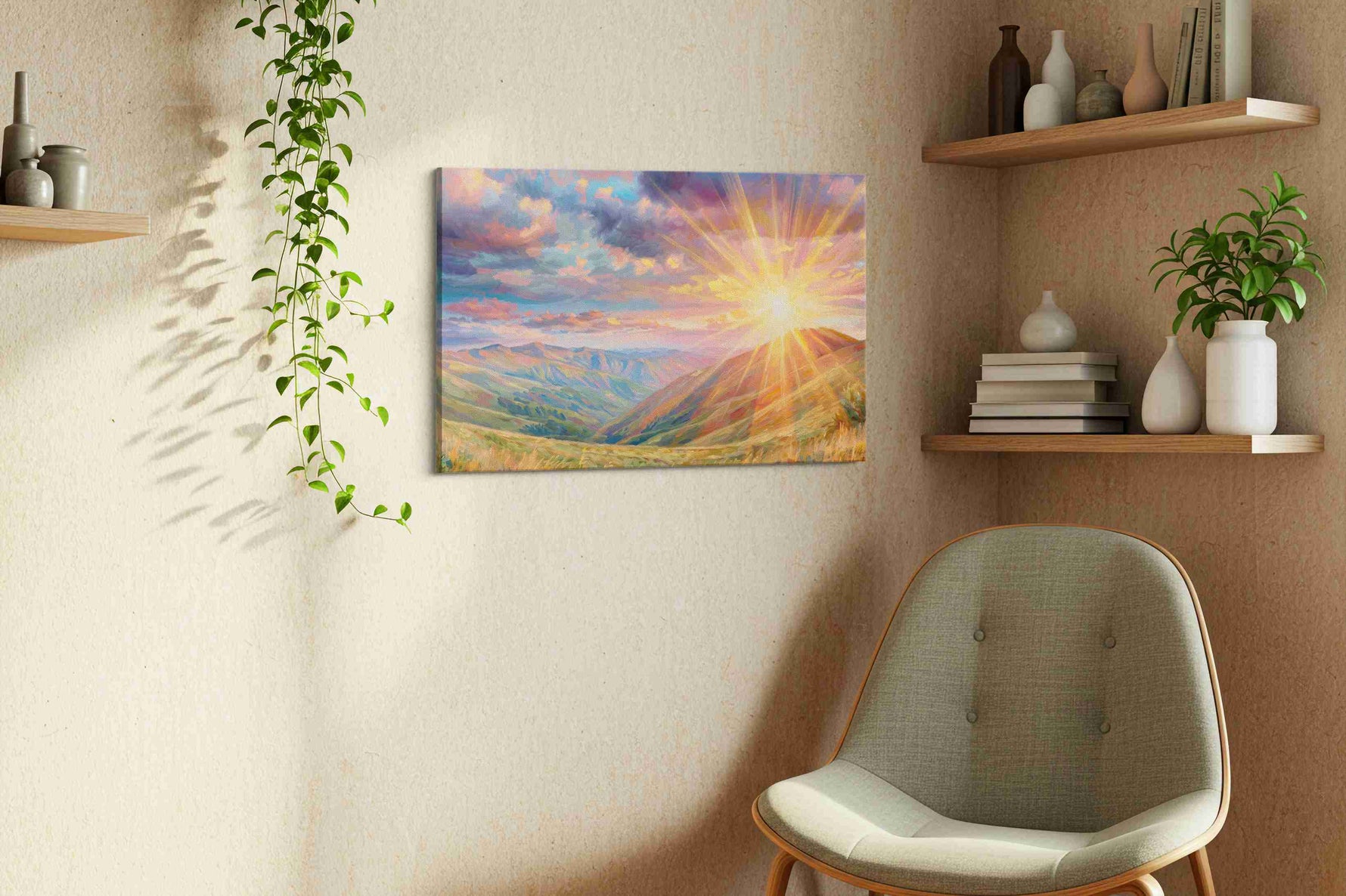 Radiant Dawn Over Valleys nature canvas print styled in a living room