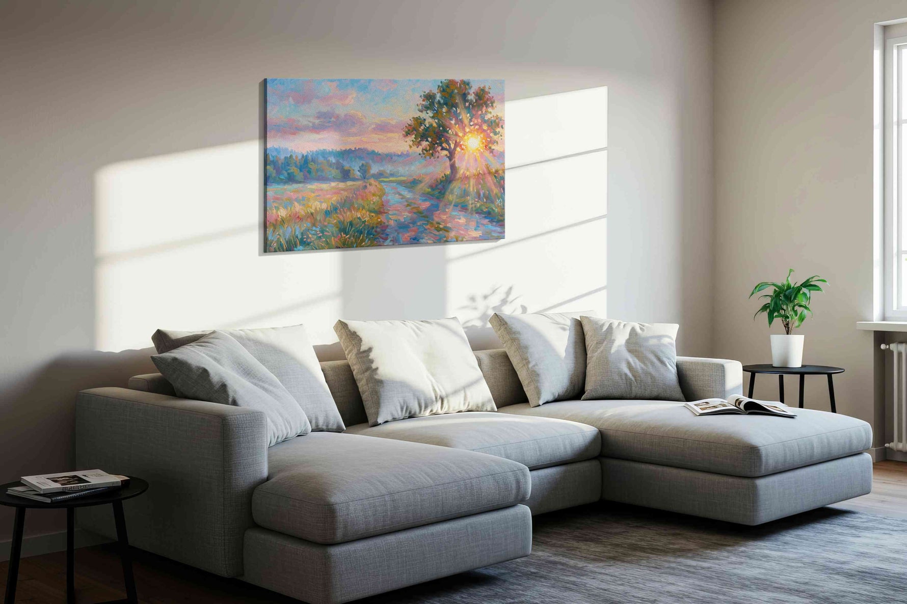 Radiant Dawn Symphony landscape canvas print, displayed in a living room