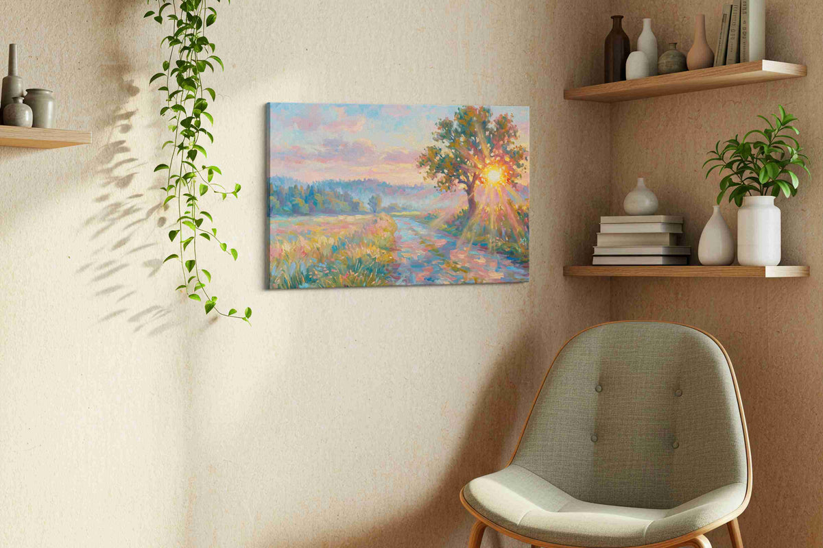 Radiant Dawn Symphony landscape canvas print styled in a living room