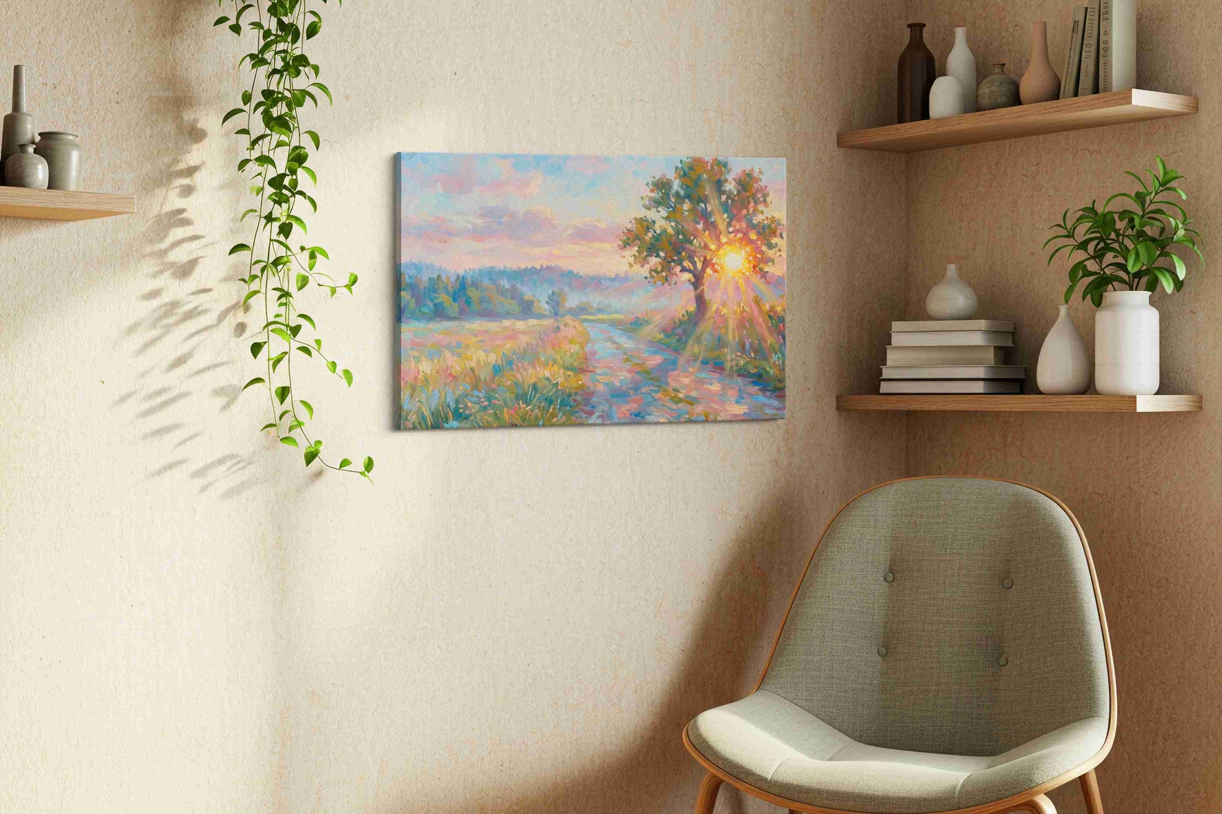 Radiant Dawn Symphony landscape canvas print styled in a living room
