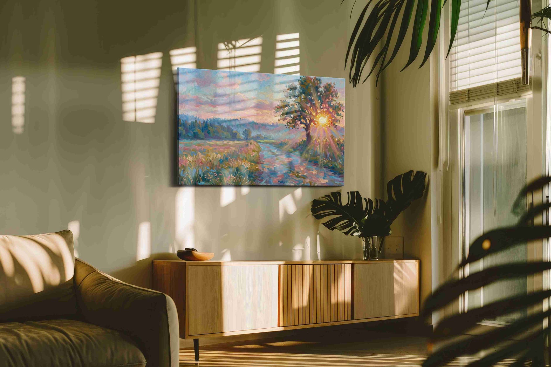 Radiant Dawn Symphony landscape canvas print, on wall, lifestyle preview