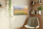 Radiant Meadow Dawn landscape canvas print, displayed in a living room