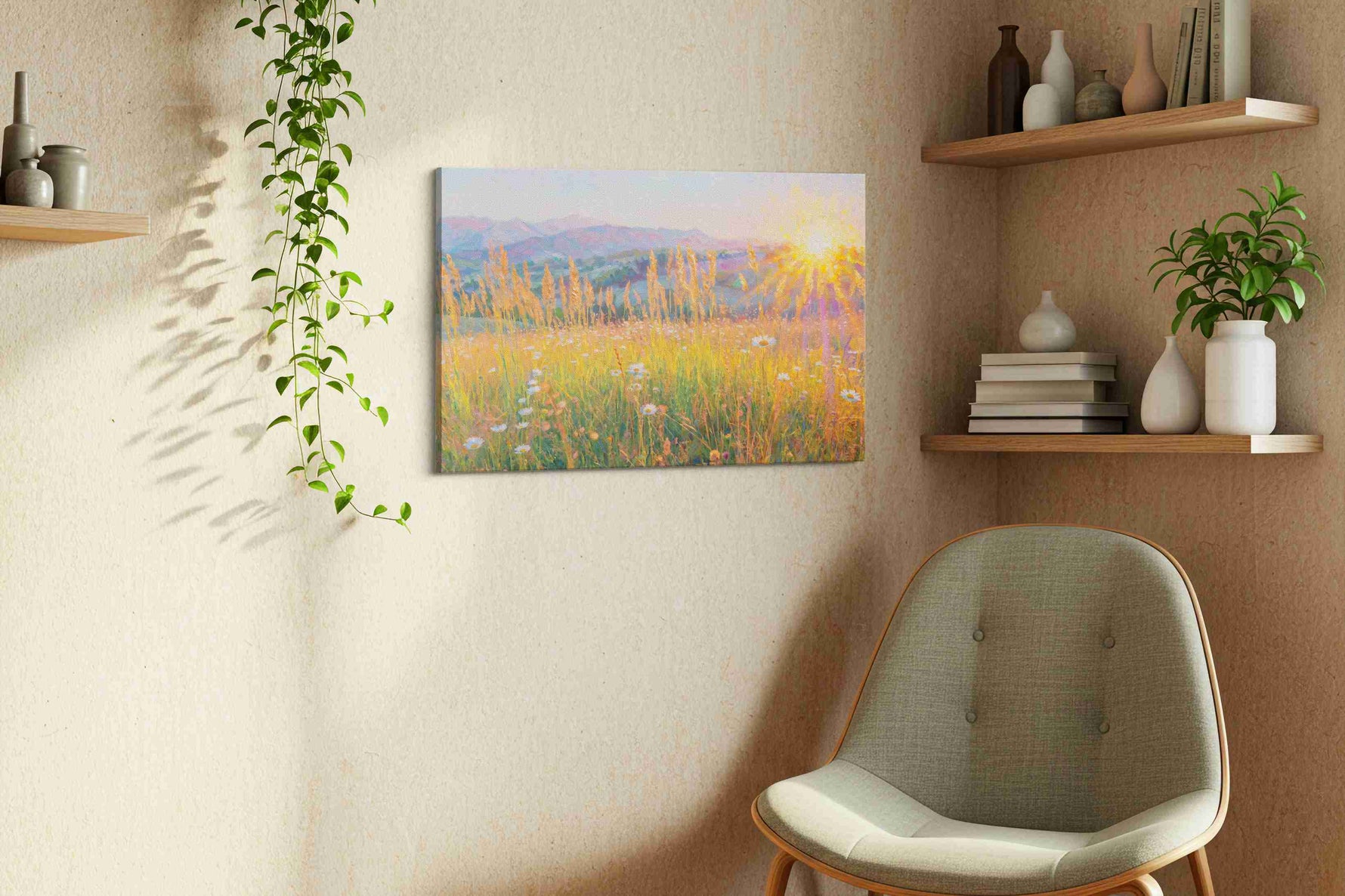 Radiant Meadow Dawn landscape canvas print, displayed in a living room