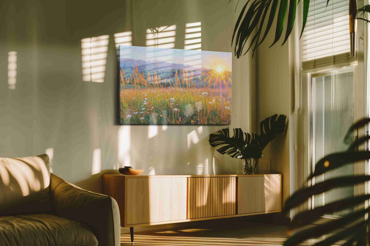 Radiant Meadow Dawn landscape canvas print, on wall, lifestyle preview