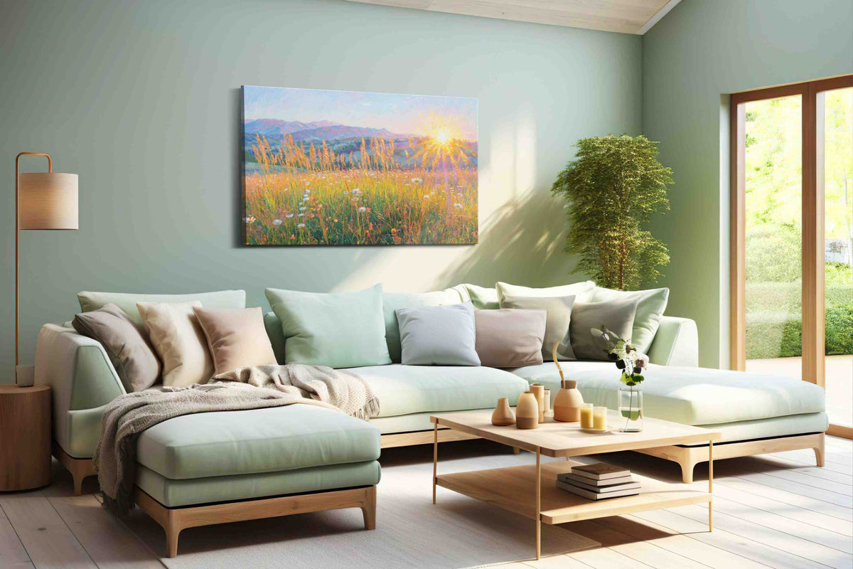 Radiant Meadow Dawn landscape canvas print, hanging on wall
