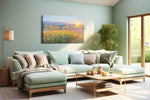 Radiant Meadow Dawn landscape canvas print, hanging on wall