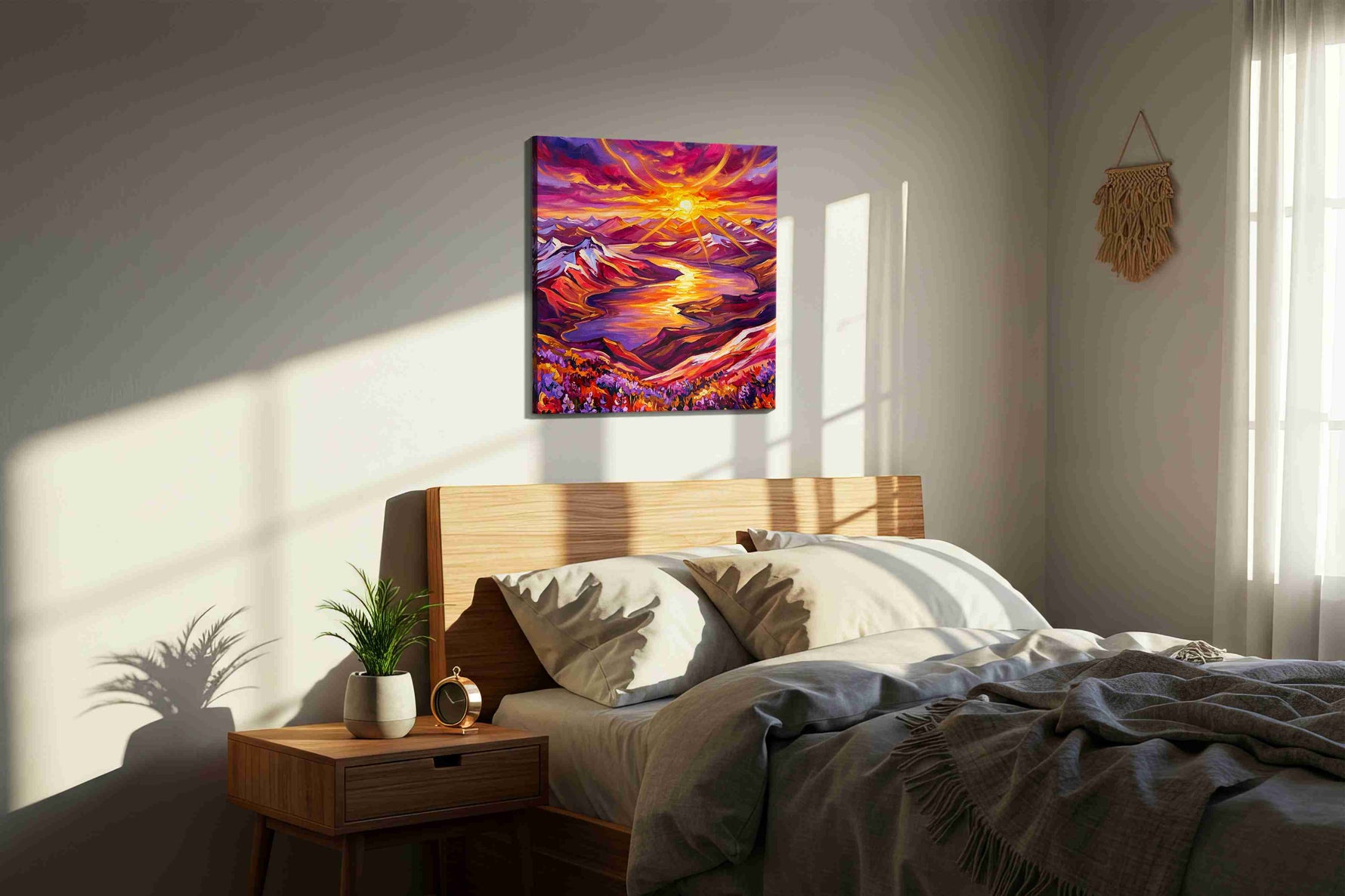 Radiant Sunset Symphony mountain canvas print, displayed in a bedroom