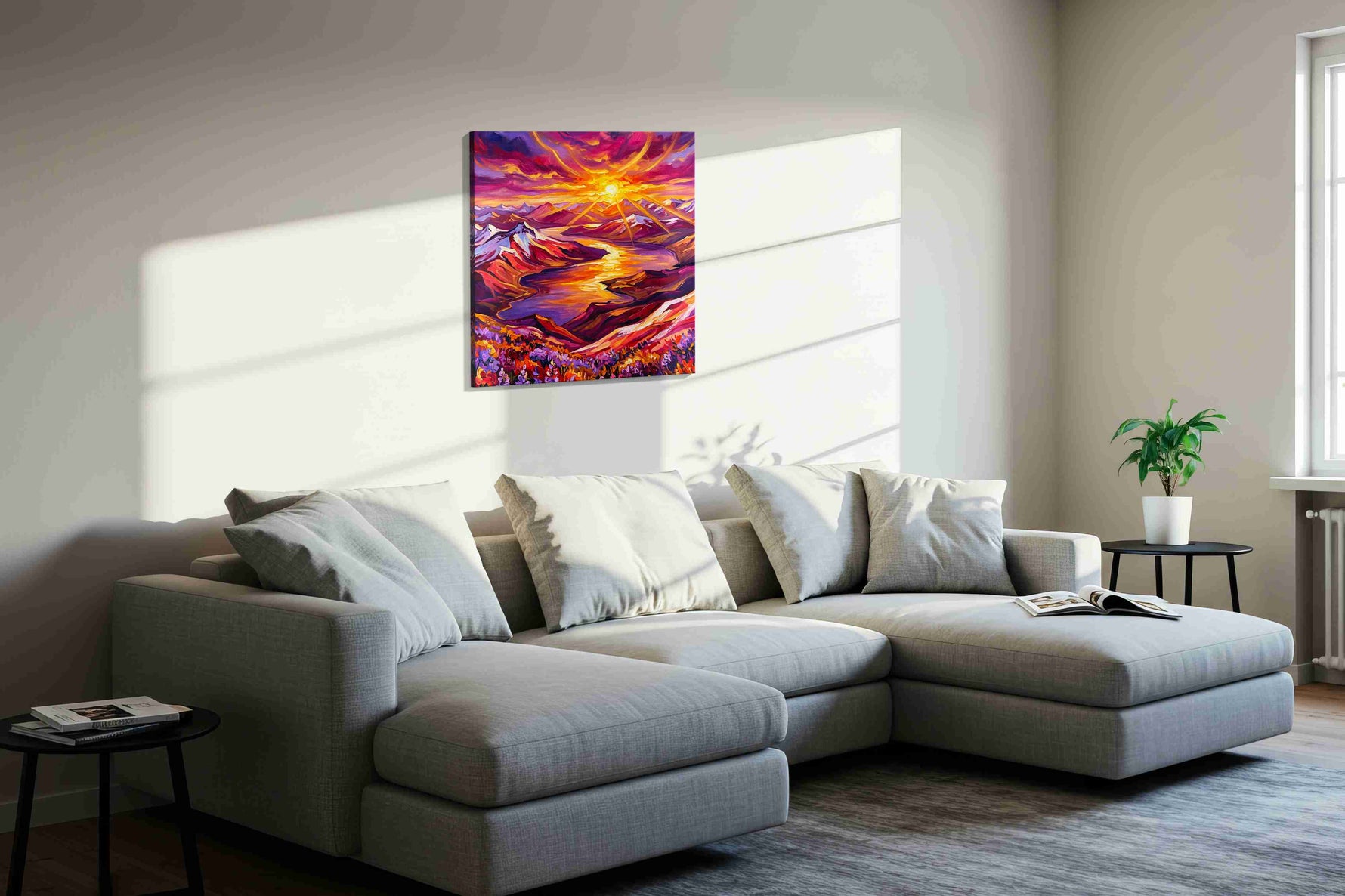 Radiant Sunset Symphony mountain canvas print in a living room scene