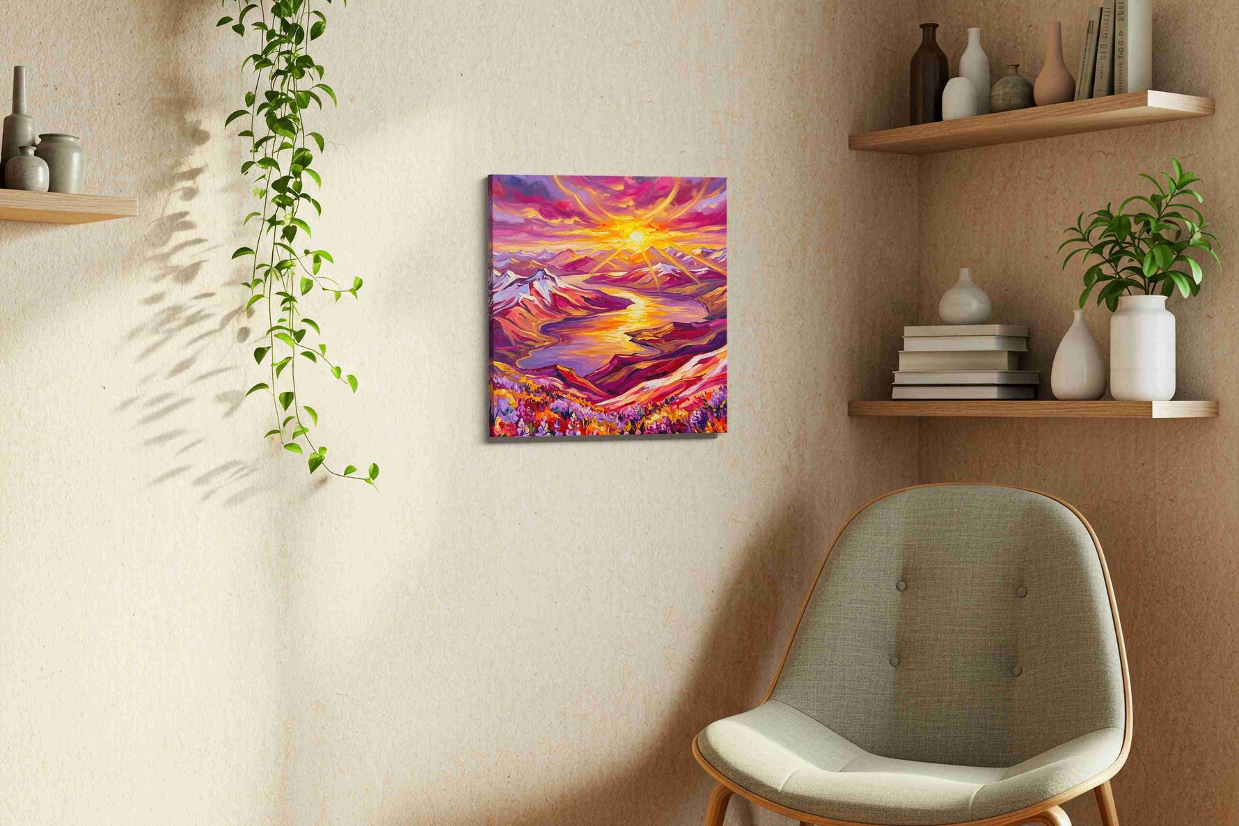 Radiant Sunset Symphony mountain canvas print, displayed in a living room