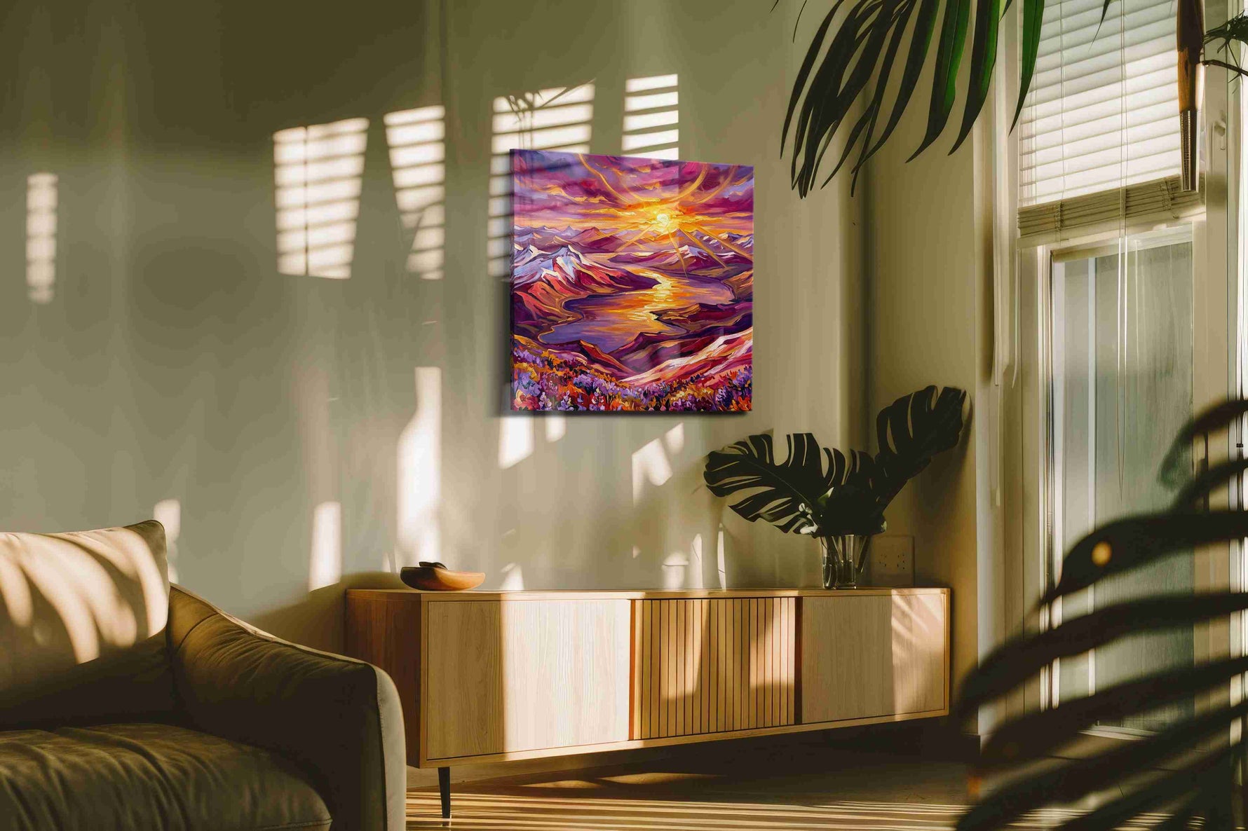 Radiant Sunset Symphony (Landscape) - Mountain, Mountain Wall Art, Landscape Canvas Print, Nature Scenery Art in a hung canvas mockup