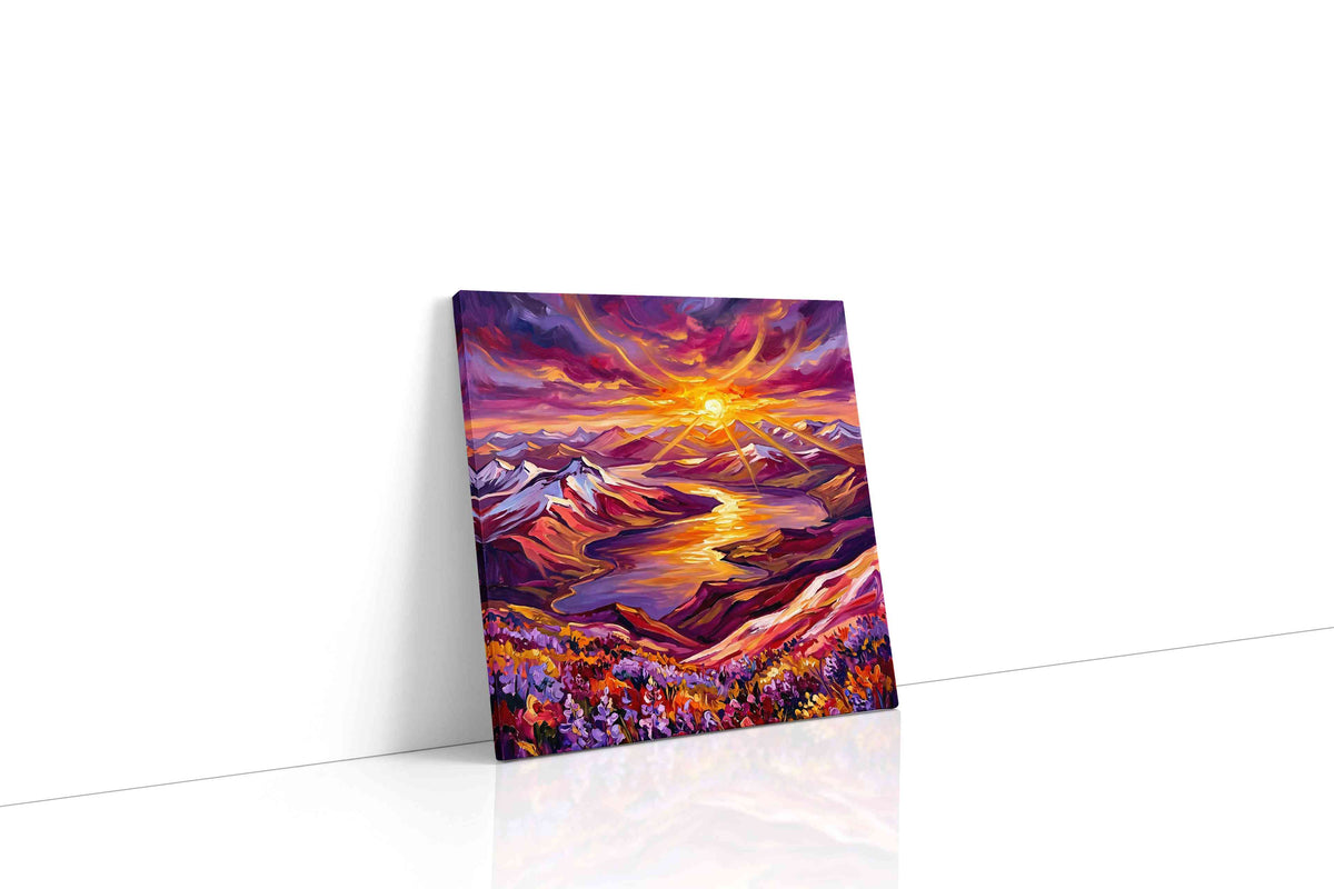 Radiant Sunset Symphony mountain canvas print gallery-wrapped square canvas studio shot