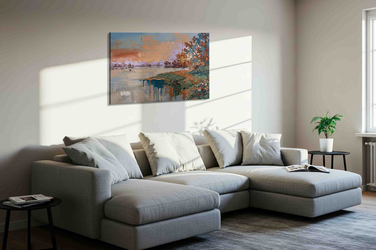 Sunlit Horizon Symphony nature canvas print in a living room scene
