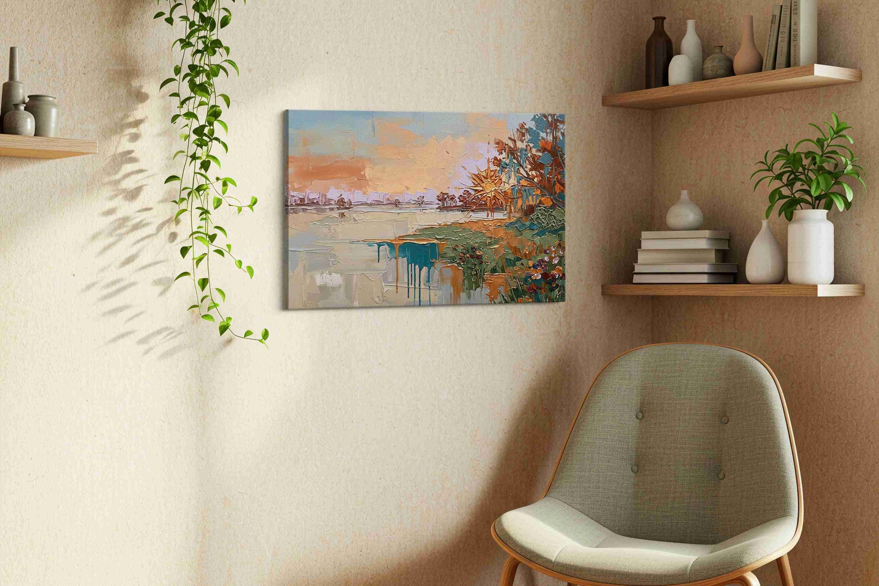 Sunlit Horizon Symphony nature canvas print, displayed in a living room