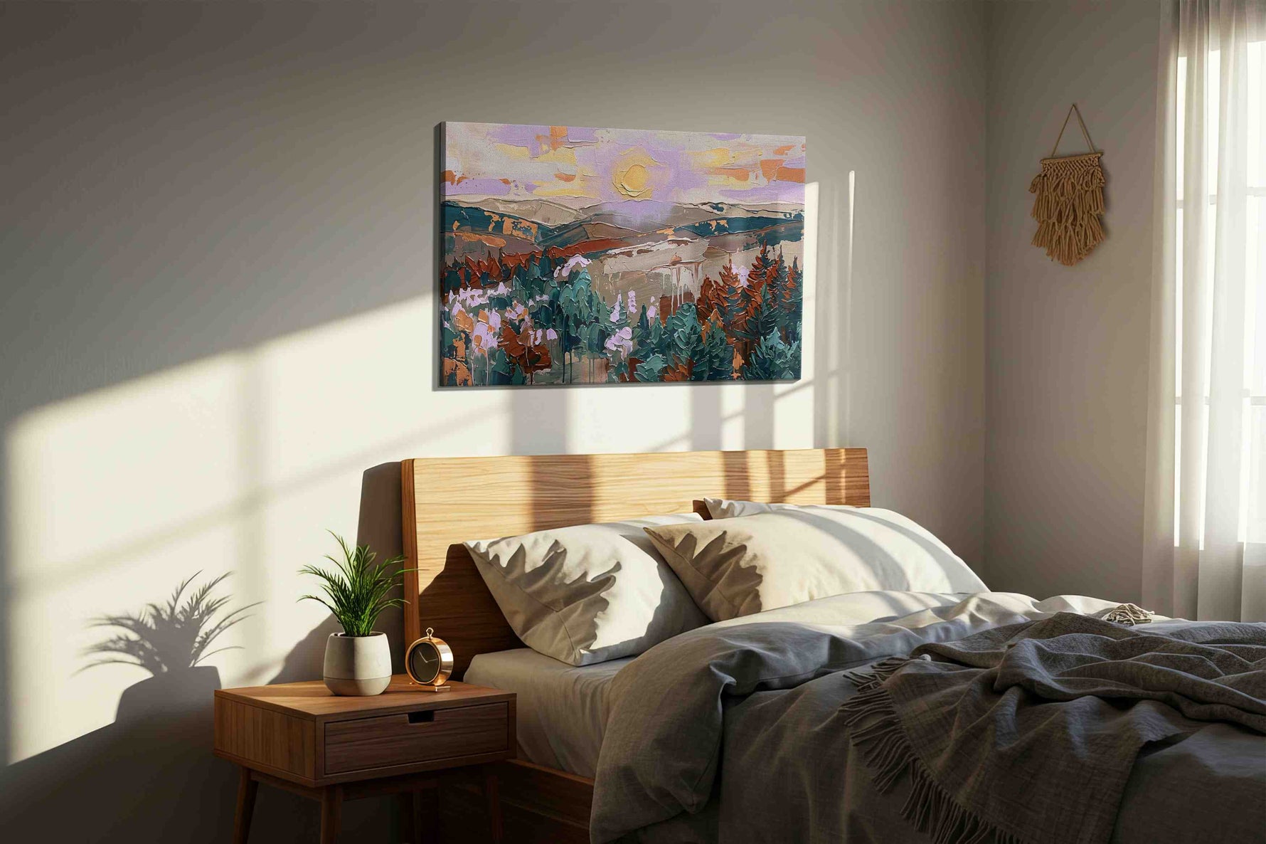 Sunlit Whisper of the Pines nature canvas print, displayed in a bedroom