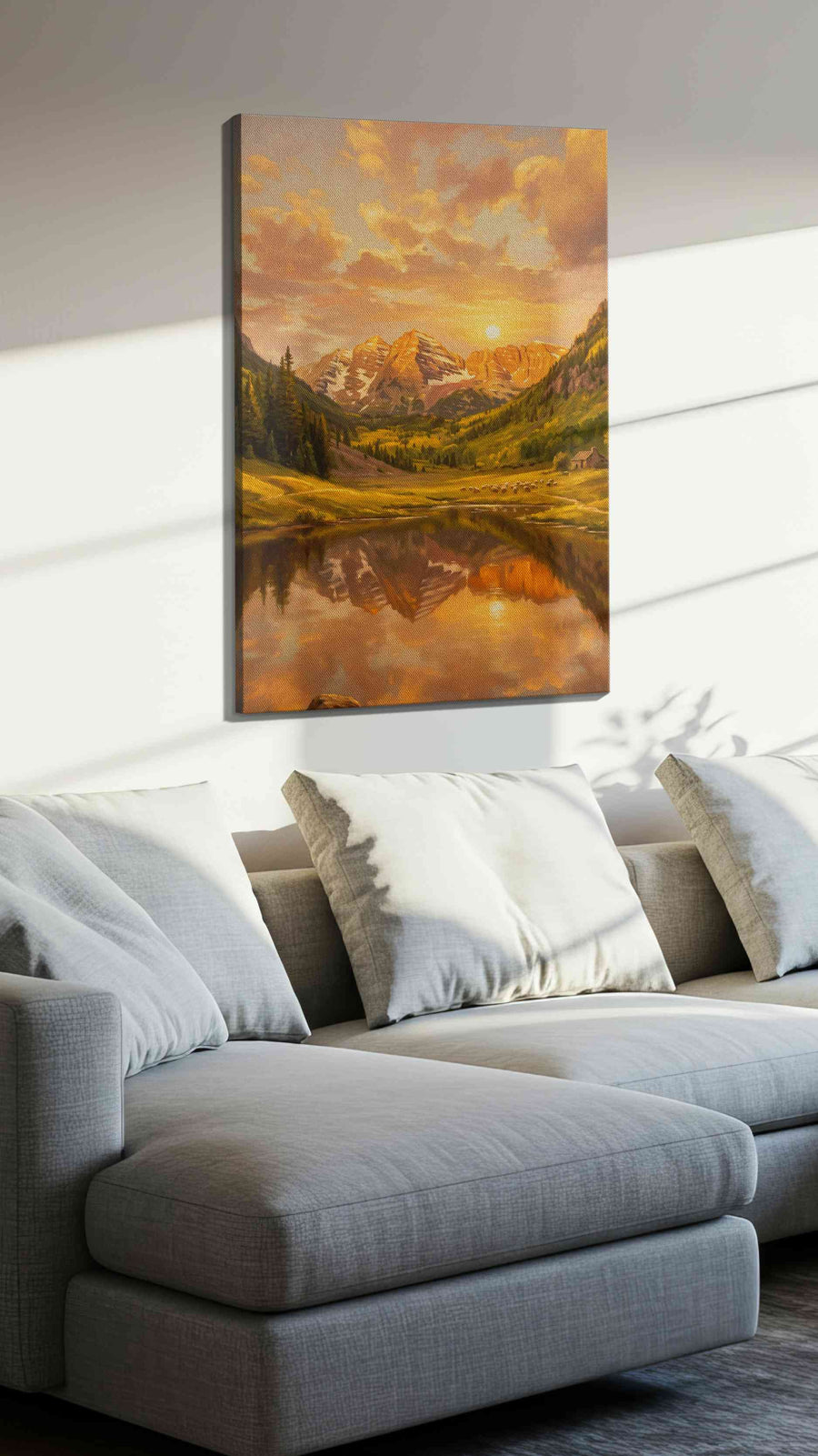 Sunset Symphony in Mountains nature canvas print, displayed in a living room