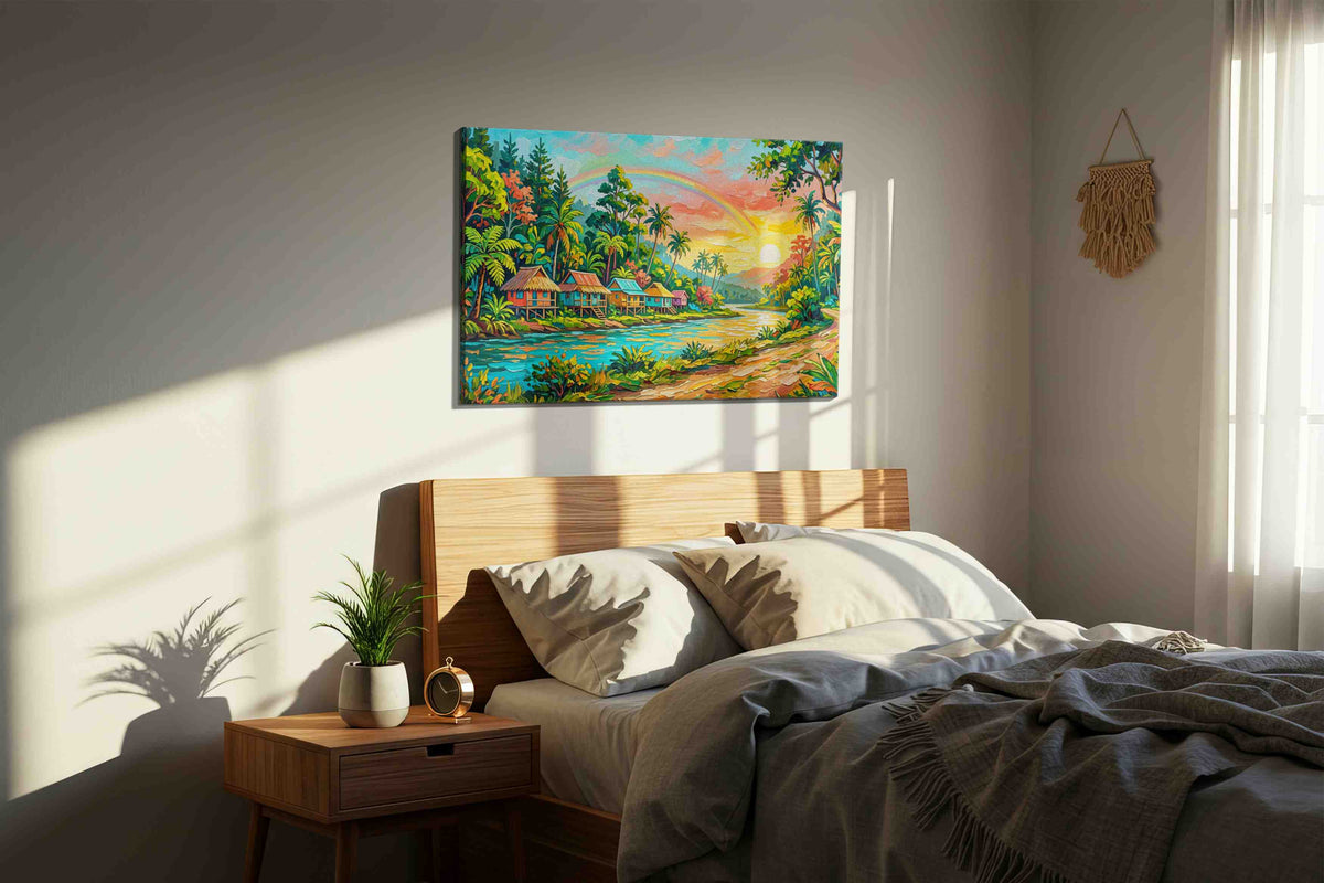 Tropical Dawn Serenity nature canvas print, displayed in a bedroom