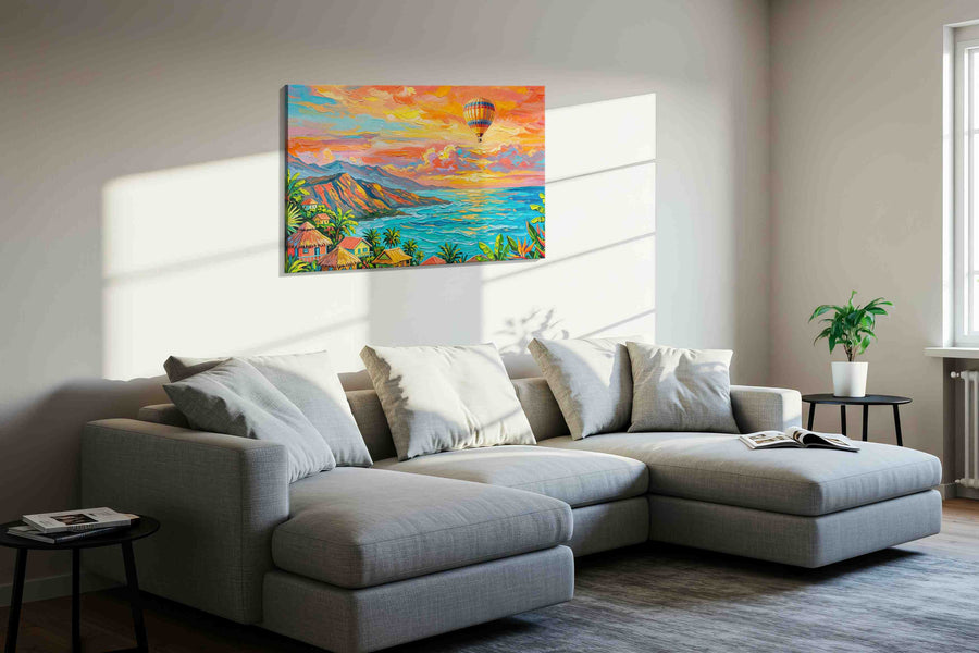 Tropical Dreamscape at Sunset nature canvas print, displayed in a living room
