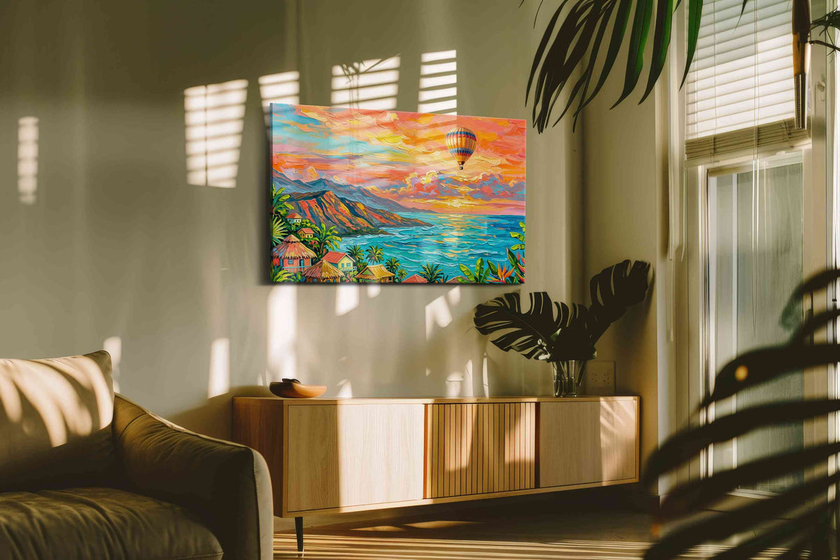 Tropical Dreamscape at Sunset nature canvas print in a hung canvas mockup
