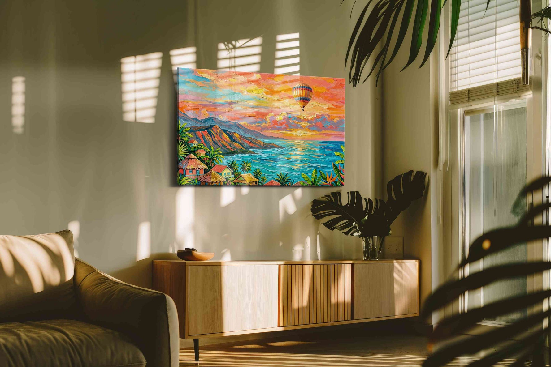 Tropical Dreamscape at Sunset nature canvas print in a hung canvas mockup