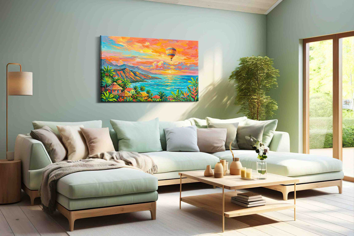 Tropical Dreamscape at Sunset nature canvas print shown in a wall scene