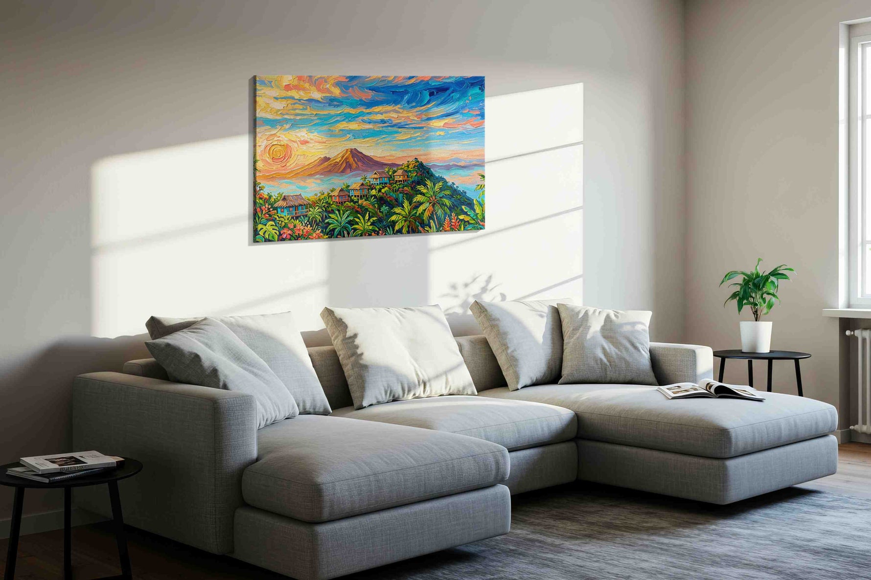 Tropical Sunset Haven nature canvas print, displayed in a living room
