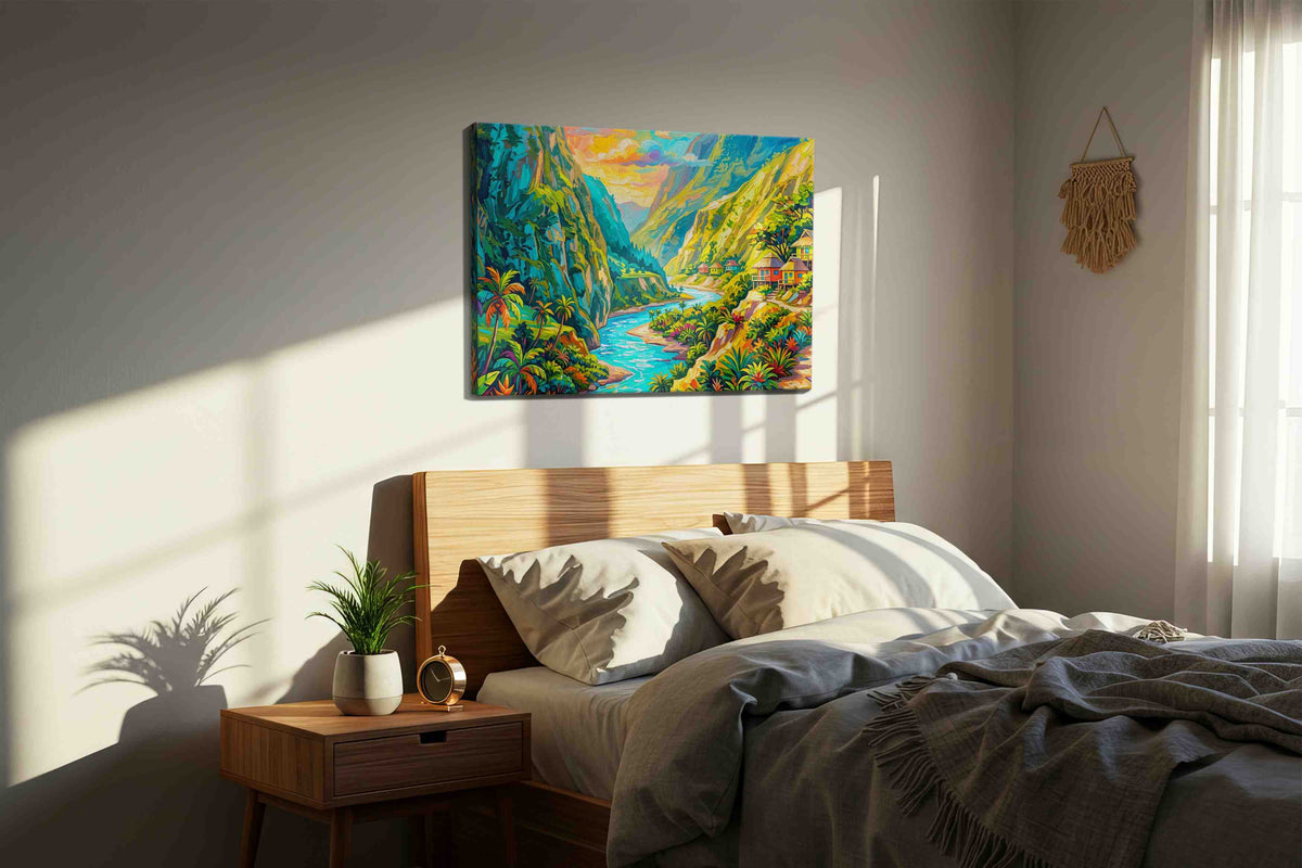 Valley of Vibrant Dreams nature canvas print, displayed in a bedroom