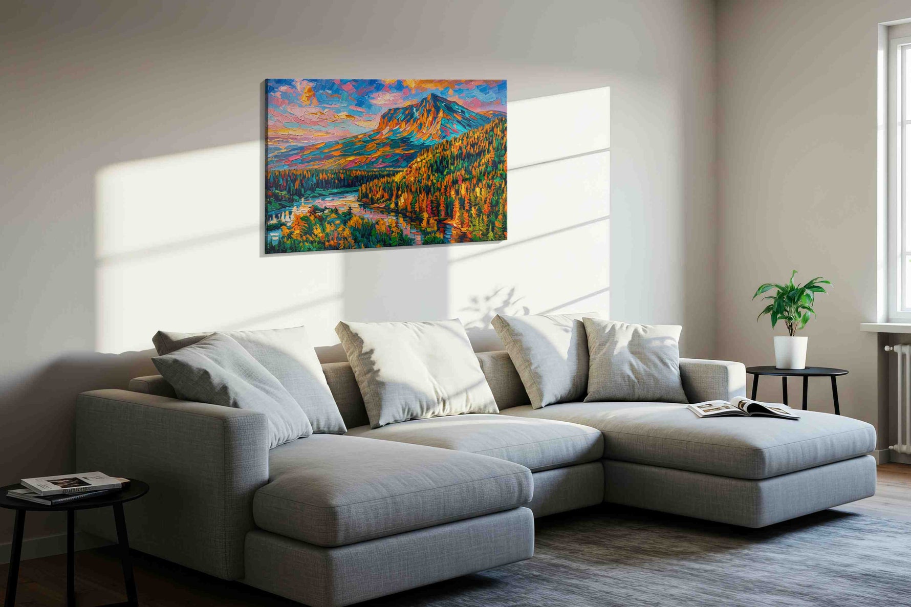 Vibrant Mountain Symphony nature canvas print, displayed in a living room