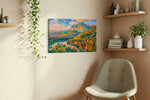 Vibrant Mountain Symphony nature canvas print styled in a living room