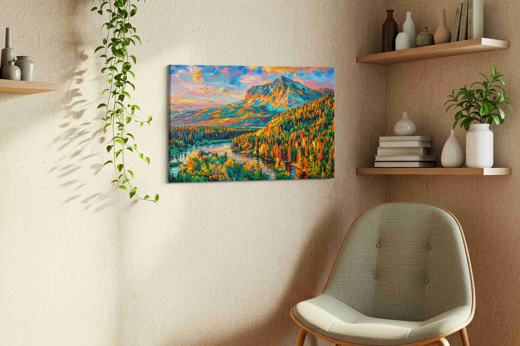 Vibrant Mountain Symphony nature canvas print styled in a living room