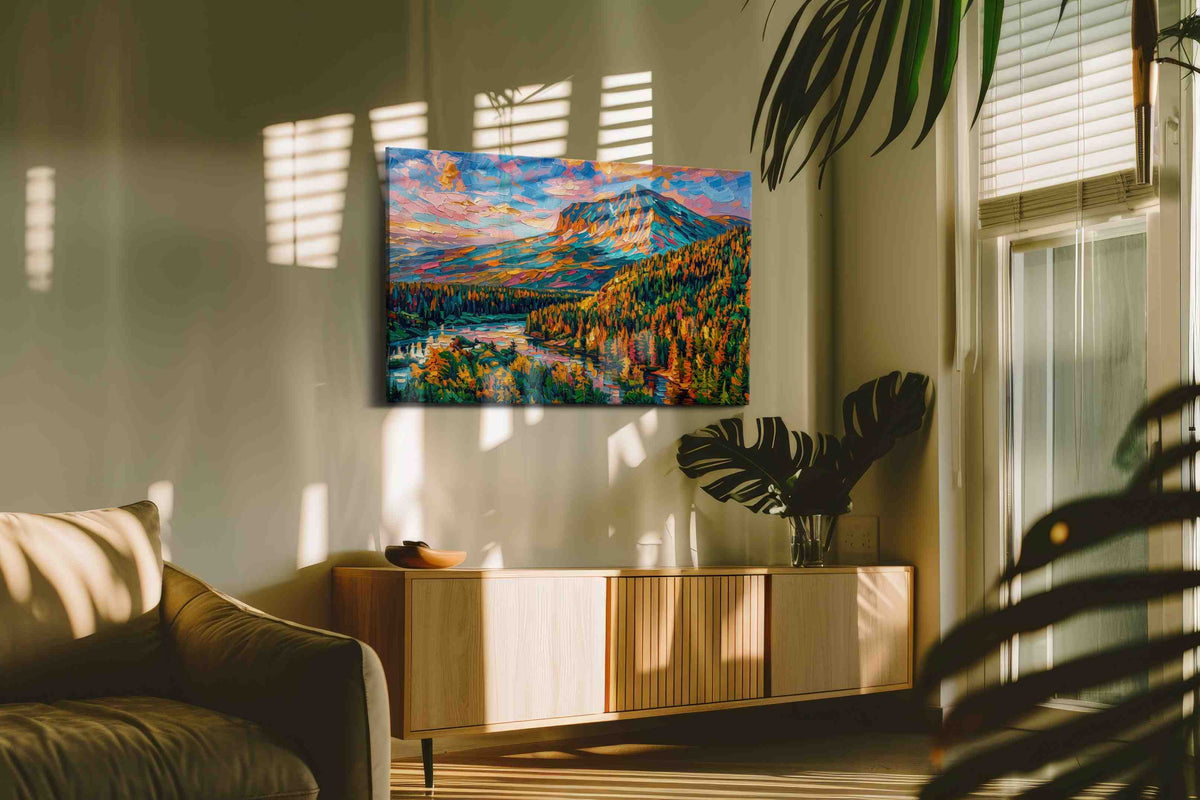 Vibrant Mountain Symphony nature canvas print in a hung canvas mockup