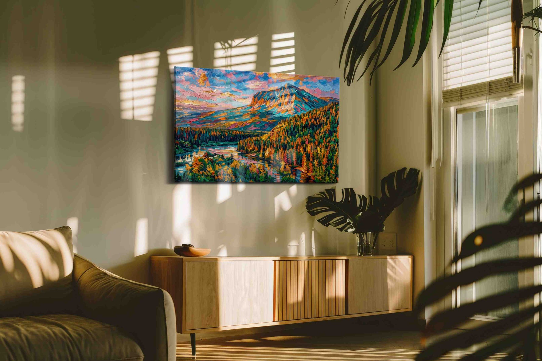 Vibrant Mountain Symphony nature canvas print in a hung canvas mockup