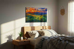 Whispers of a Fiery Sky nature canvas print, displayed in a bedroom