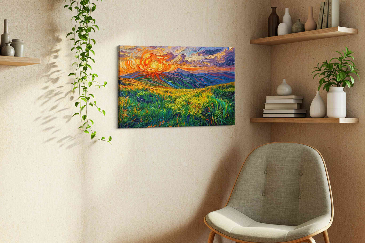 Whispers of a Fiery Sky nature canvas print, displayed in a living room