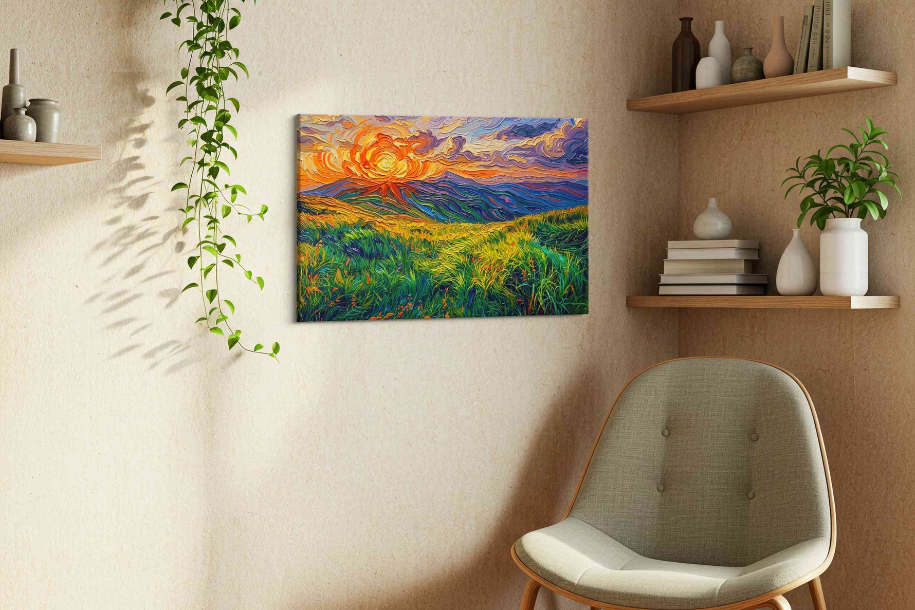 Whispers of a Fiery Sky nature canvas print, displayed in a living room