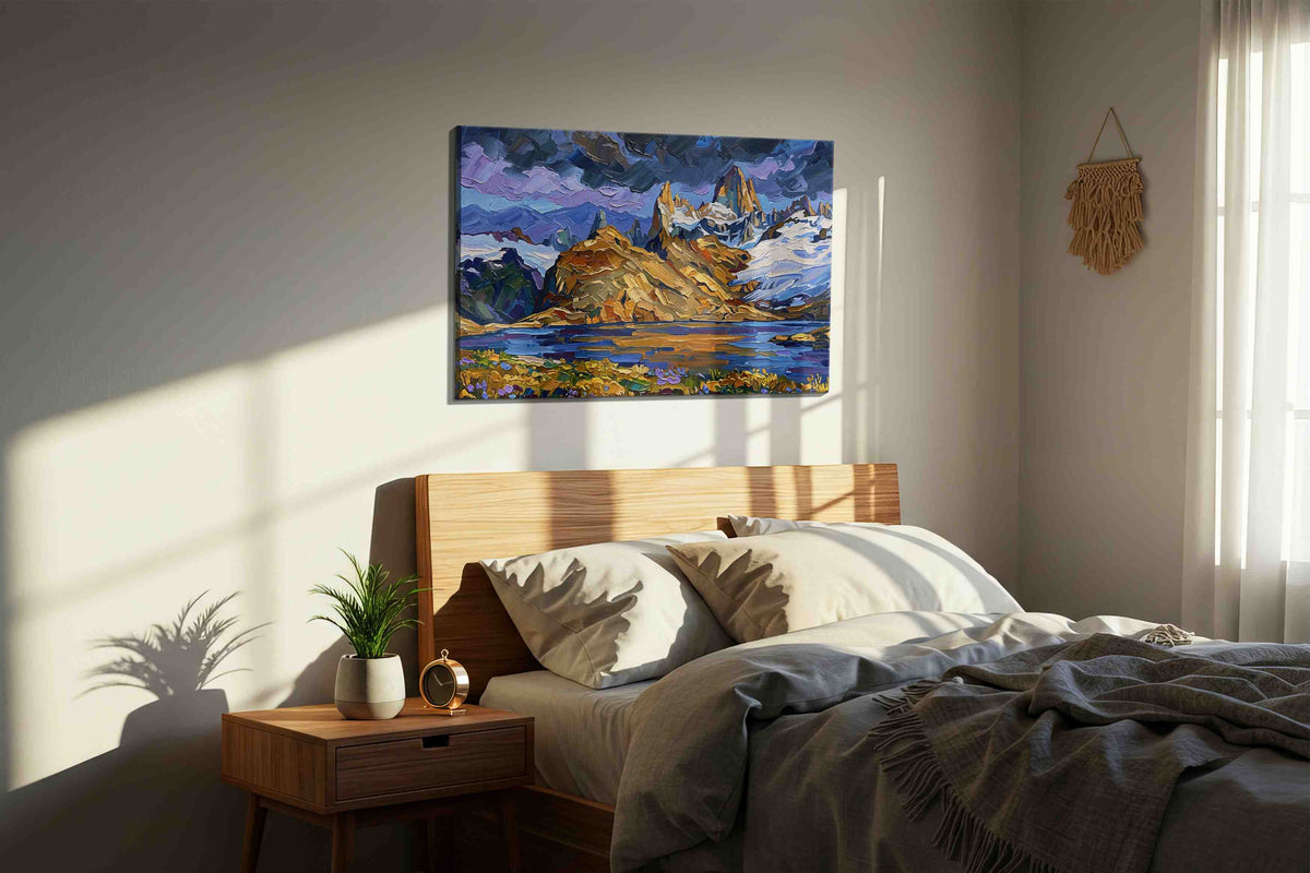 Whispers of the Majestic Peaks mountain canvas print, displayed in a bedroom