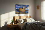 Whispers of the Majestic Peaks mountain canvas print, displayed in a bedroom