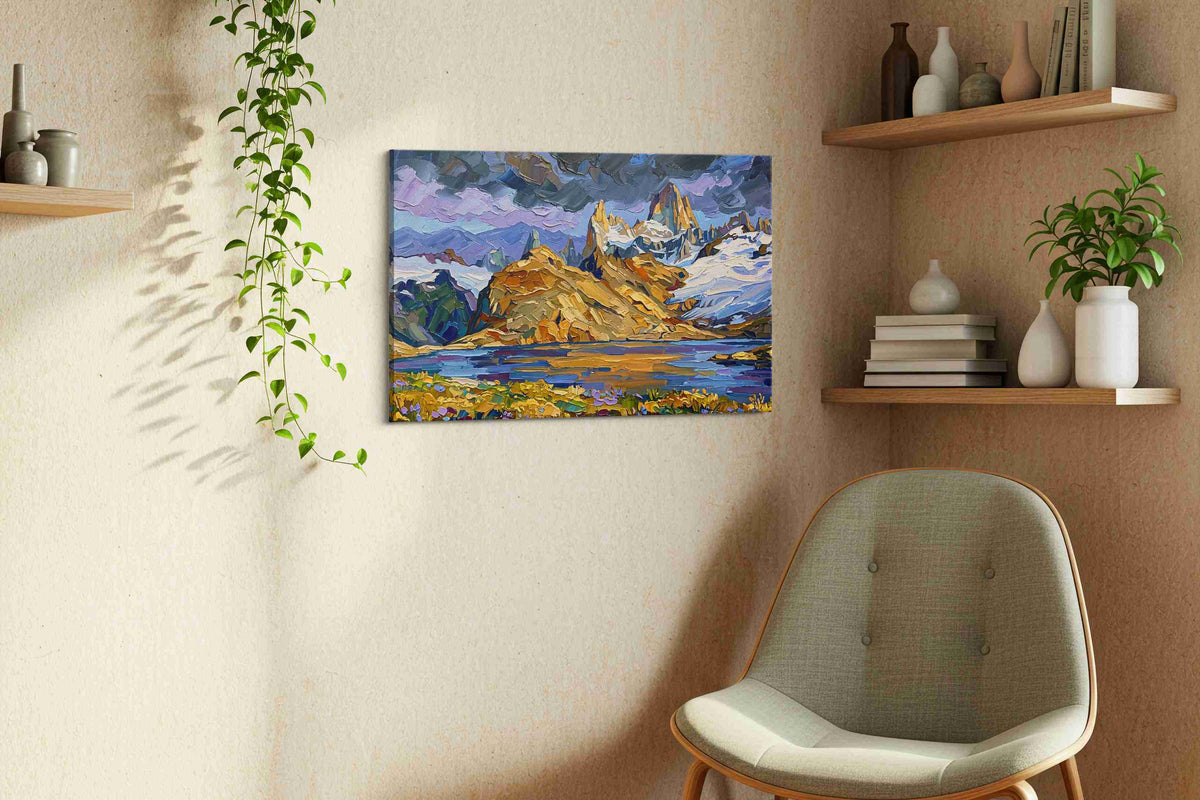 Whispers of the Majestic Peaks mountain canvas print, hanging on wall — view 2