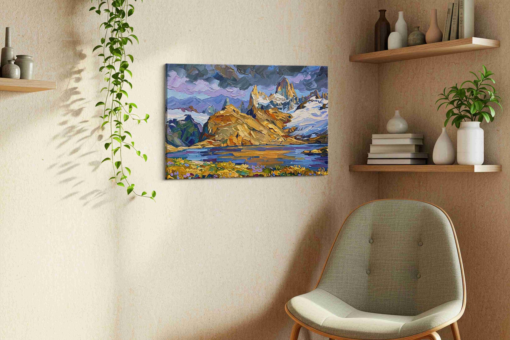 Whispers of the Majestic Peaks mountain canvas print, hanging on wall — view 2