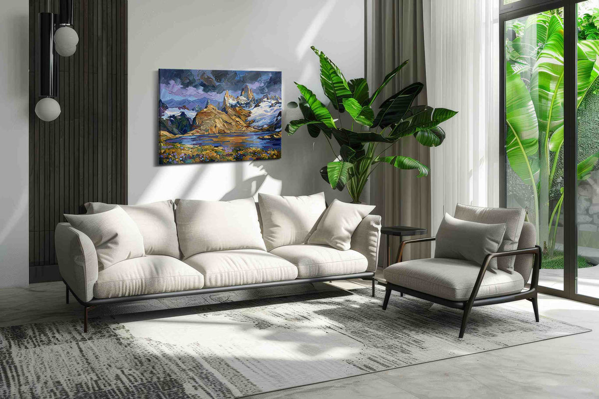 Whispers of the Majestic Peaks mountain canvas print in a hung canvas mockup
