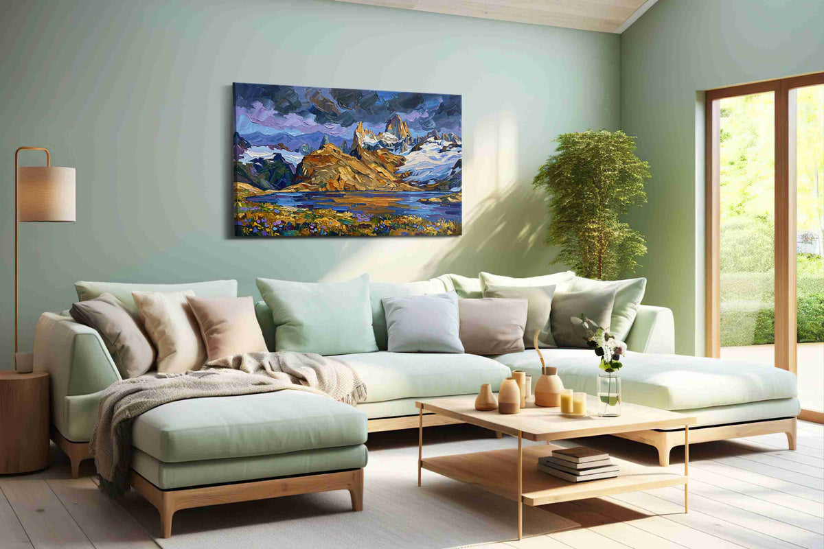 Whispers of the Majestic Peaks mountain canvas print shown in a wall scene