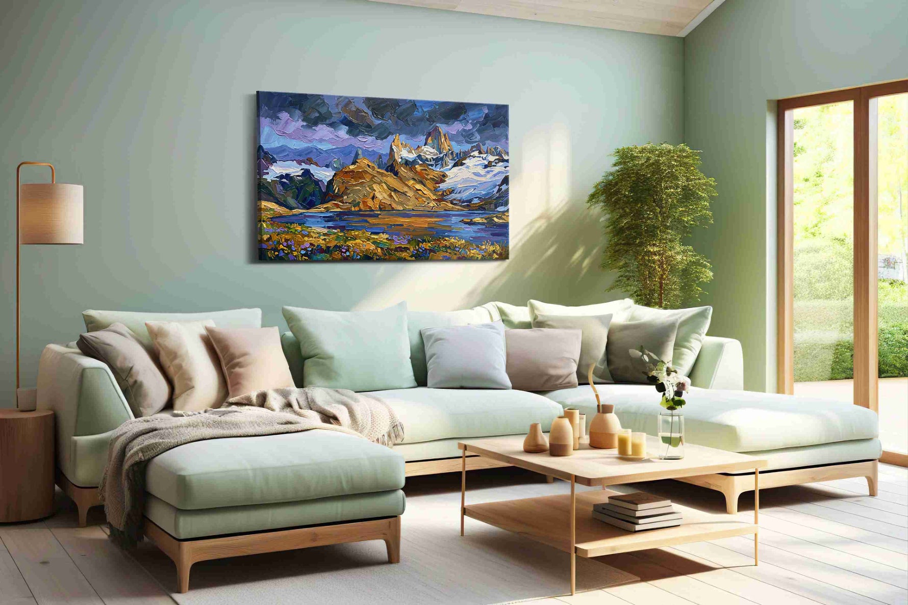 Whispers of the Majestic Peaks mountain canvas print shown in a wall scene