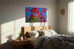 Crimson Canopy leaves canvas print, displayed in a bedroom