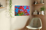Crimson Canopy leaves canvas print, displayed in a living room