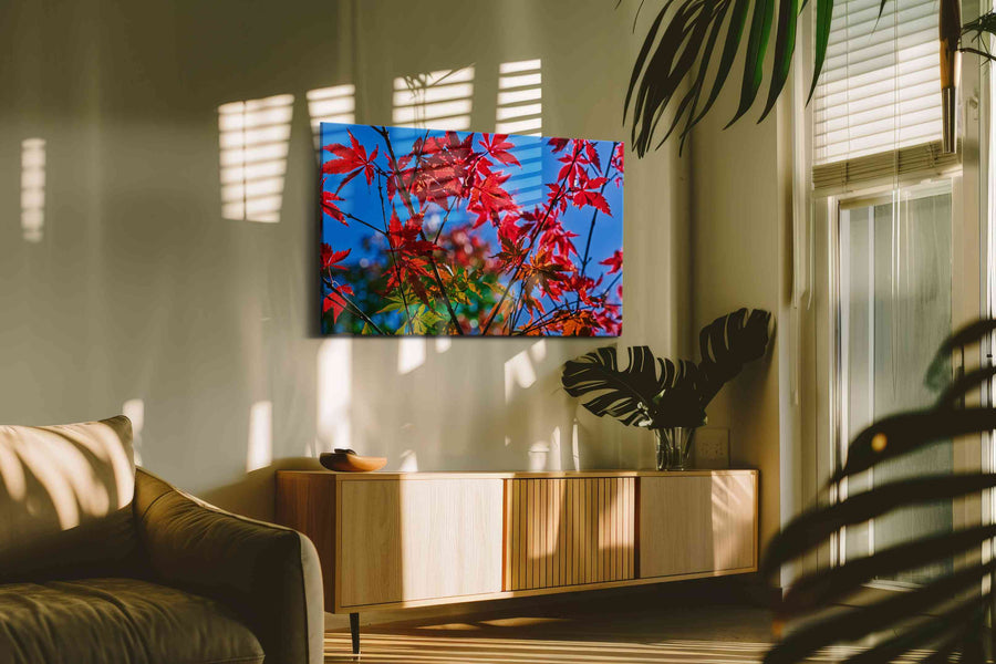 Crimson Canopy leaves canvas print, on wall, lifestyle preview