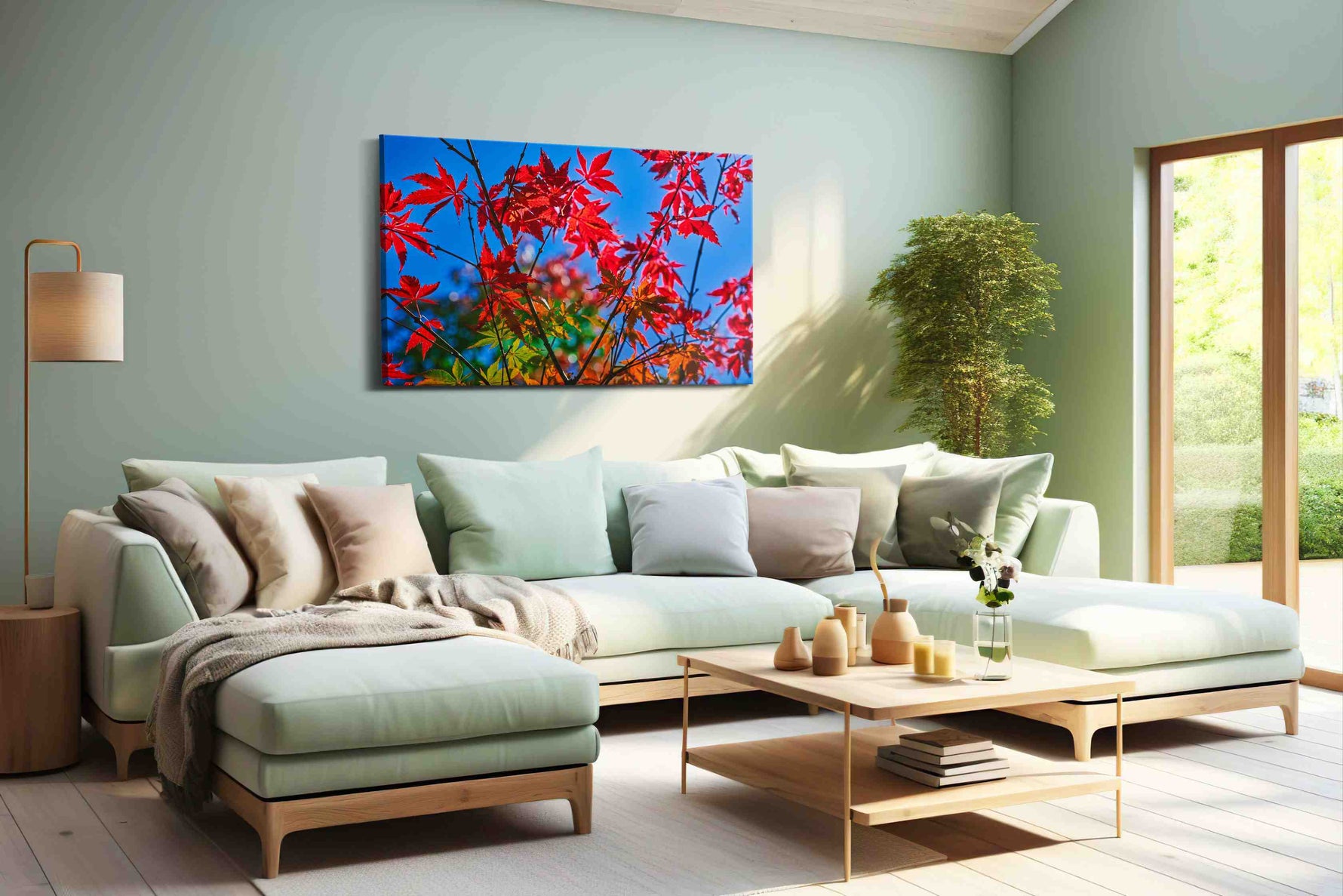 Crimson Canopy (Leaves) - Leaf Wall Art, Botanical Canvas Print, Nature Decor in a hung canvas mockup