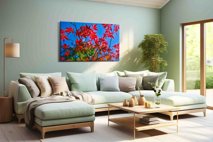 Crimson Canopy (Leaves) - Leaf Wall Art, Botanical Canvas Print, Nature Decor in a hung canvas mockup