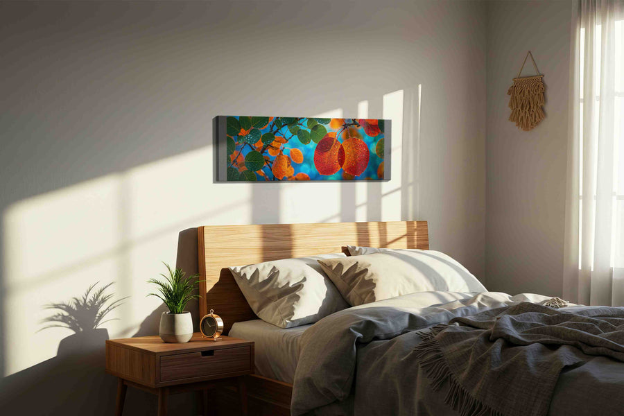 Dewy Autumn Embrace leaves canvas print, displayed in a bedroom