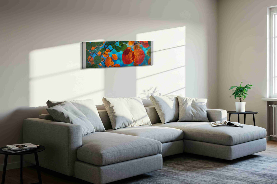 Dewy Autumn Embrace (Leaves) - Leaf Wall Art, Botanical Canvas Print, Nature Decor in a living room scene