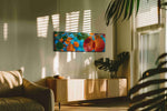 Dewy Autumn Embrace leaves canvas print in a contemporary interior mockup