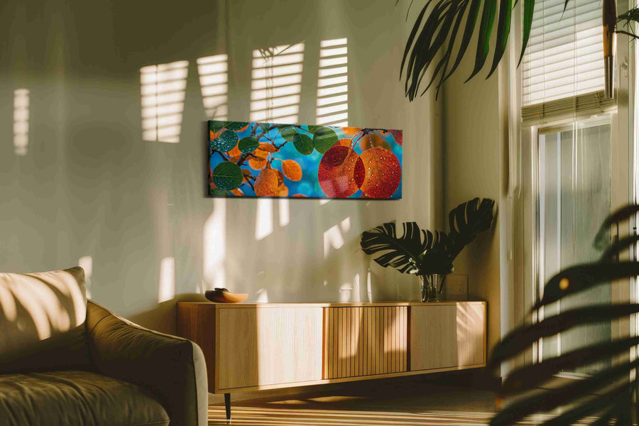 Dewy Autumn Embrace leaves canvas print in a contemporary interior mockup